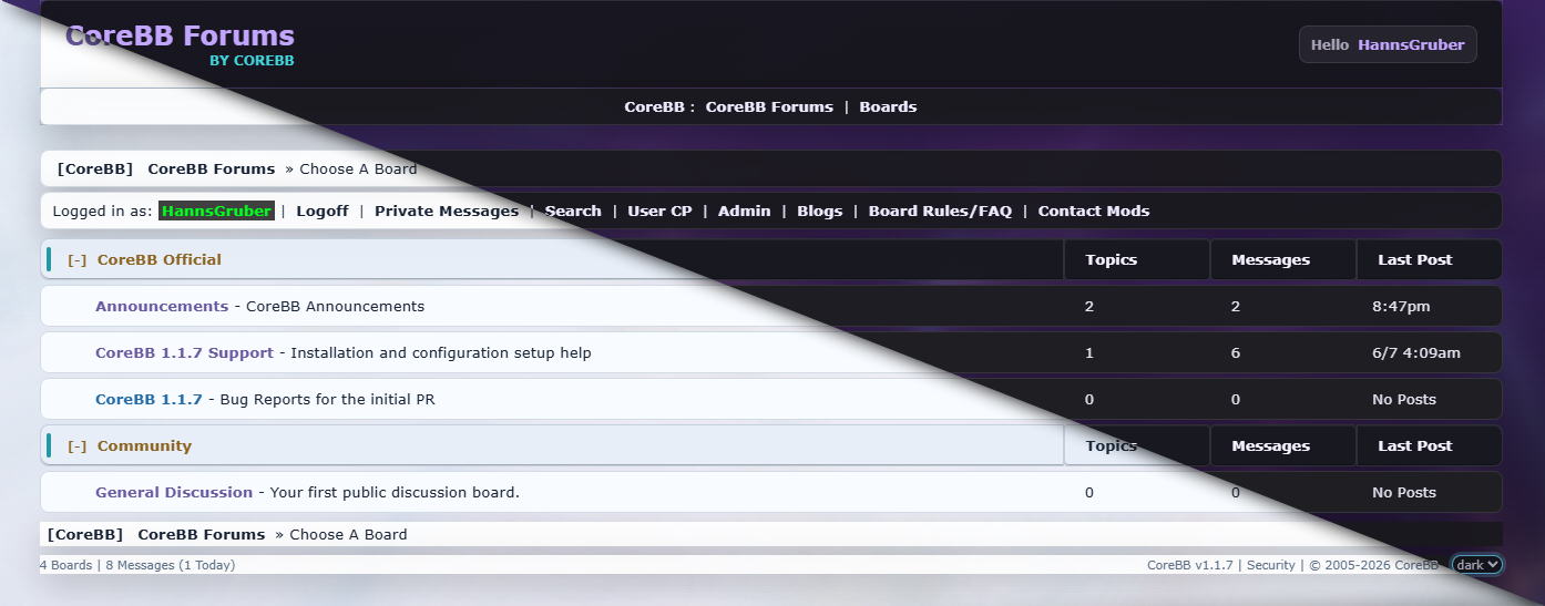 CoreBB board index shown with light and dark theme views